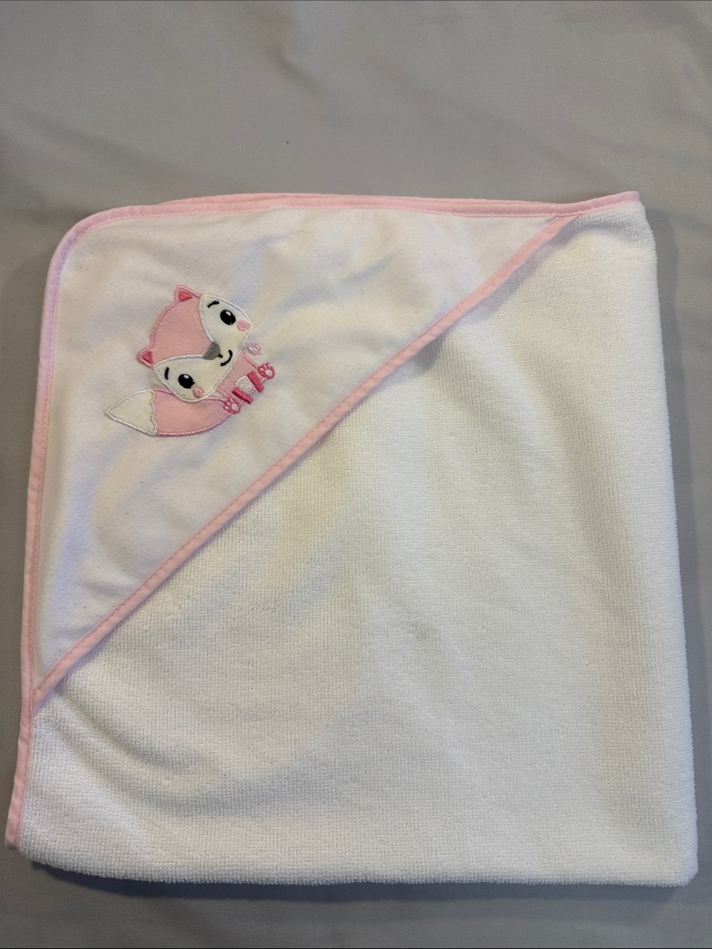 Fisher-Price NWOT White Hooded Towel with Pink Fox Accent